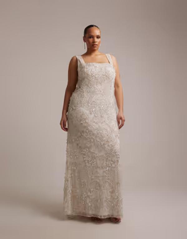 エイソス レディース トップス 衣裳 マキシ ASOS Curve ASOS DESIGN Curve ornate crystal embellished square neck maxi wedding dress Ivory 象牙色