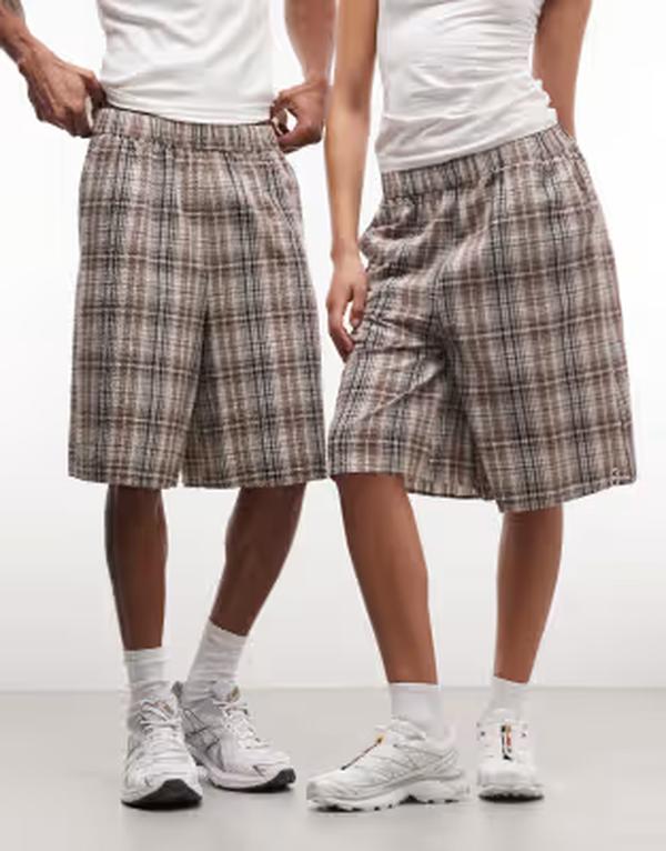 コルージョン レディース ボトムス 二分の一ズボン下・さる股引き 遊撃手ズボン下 COLLUSION Unisex longline shorts check BROWN PLAID 赤銅色