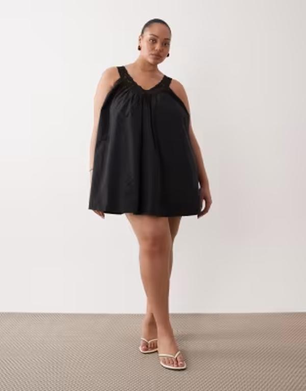エイソス レディース トップス 衣装 V素っ首 ミニ オーバーレイ スピード競技 ASOS Curve ASOS DESIGN Curve poplin v-neck mini smock sundress with lace overlay Black 黒いこと