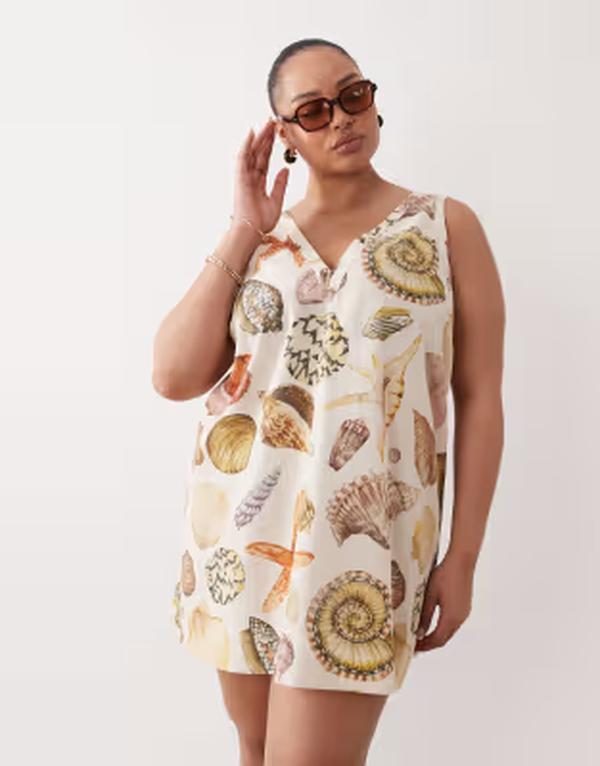 エイソス レディース トップス 衣装 Vのど首 刷り上げる ミニ ASOS Curve ASOS DESIGN Curve v-neck smock mini sundress インチ shell print Shell print
