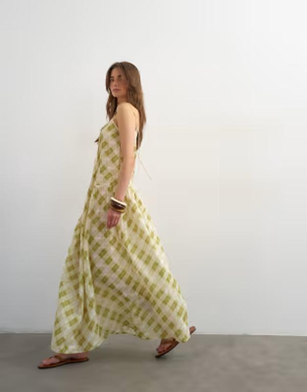 トップショップ レディース トップス ワンピース マキシ Topshop throw on maxi dress in plaid Lime check ライム｜ReVida 店