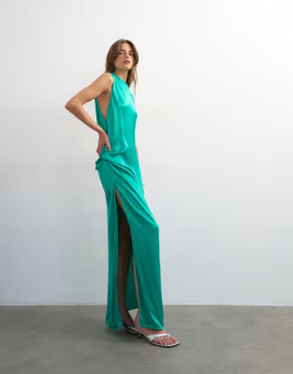 とっ始め販売店 レディース トップス 衣装 非対称 ドレープ 繻子 ノースリーブ マキシ Topshop satin sleeveless asymmetric drape maxi dress インチ emerald Green 緑であること