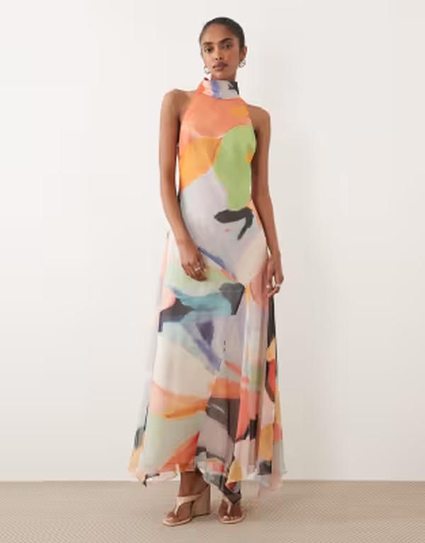 エイソス レディース トップス ワンピース シフォン ハイネック プリント マキシ ASOS DESIGN chiffon high neck maxi dress in multi abstract print multi マルチカラー｜ReVida 店