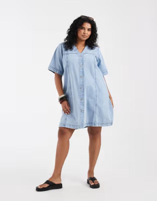 ヴェロモーダ レディース トップス 衣装 ミニ ジーンズ Vero Moda Curve short sleeve button front denimini dress インチ light blue wash Light Blue Denim ジーンズ