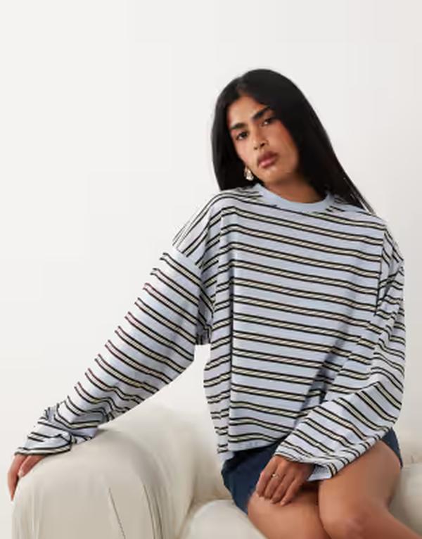 ウィ ウォー ワット レディース トップス プルオーバー 労働者の一団のど首 WeWoreWhat boxy oversized crew neck long sleeve top インチ baby Blue/Yellow 青色