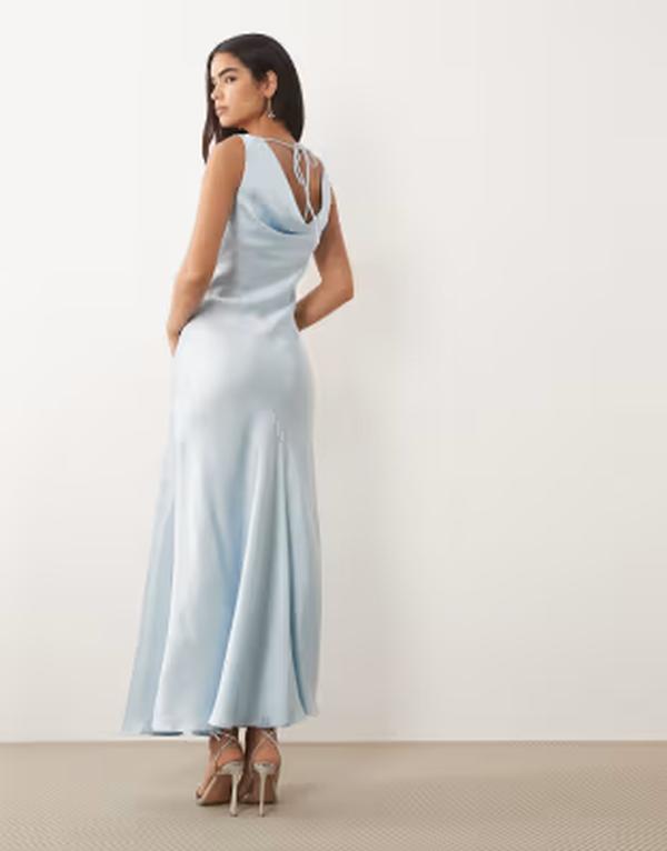 ヴィラ レディース トップス ワンピース サテン マキシ ホルター VILA halter cowl neck satin maxi dress in light Nantucket breeze ブルー｜ReVida 店