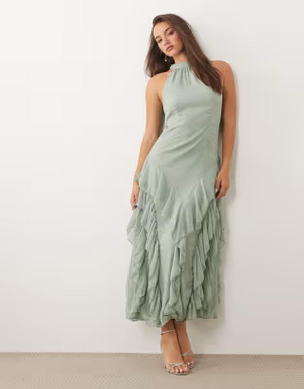 ヴィラ レディース トップス ワンピース ハイネック マキシ VILA high neck tie back boho maxi dress in sage Green milieu グリーン｜ReVida 店