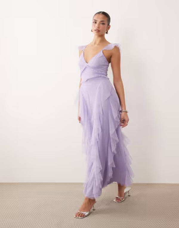 スピード競技 アンド ビーズ レディース トップス 衣装 チュール フラウンス マキシ Lace \u0026 Beads flutter sleeve ruffle trim tulle maxi dress インチ lilac 紫はしどい
