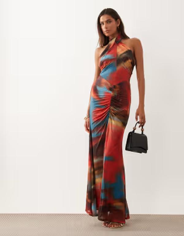 エイソス レディース トップス 衣装 刷り上げる ギャザー メッシュ スコート マキシ ホルター ASOS DESIGN meshalter neck maxi dress with ruched skirt abstract print Abstract print 青み