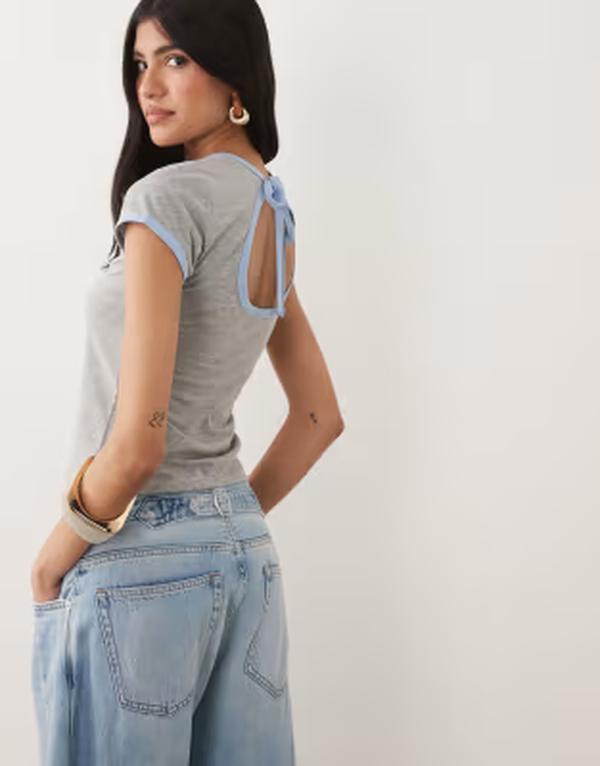 エイソス レディース トップス プルオーバー 明けっ広げうしろ側 ASOS DESIGN ringer tee with open backeyhole heather and baby blue tipping NAVY 米国海軍