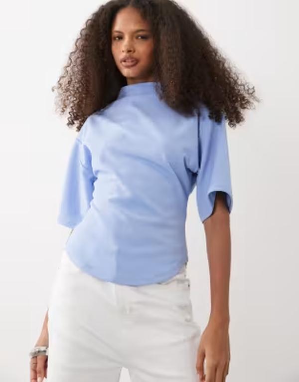 エイソス レディース トップス プルオーバー ハイネック ASOS DESIGN short sleeve withigh neck top Blue 青色
