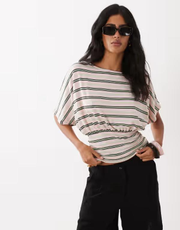 エイソス レディース トップス プルオーバー 酉の方角目じるし ASOS DESIGN batwing sleeve cinched waistop and green stripesTRIPE 縞模様