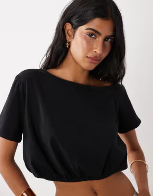 エイソス レディース トップス プルオーバー ASOS DESIGN off the shoulder bubble hem top Black 黒いこと