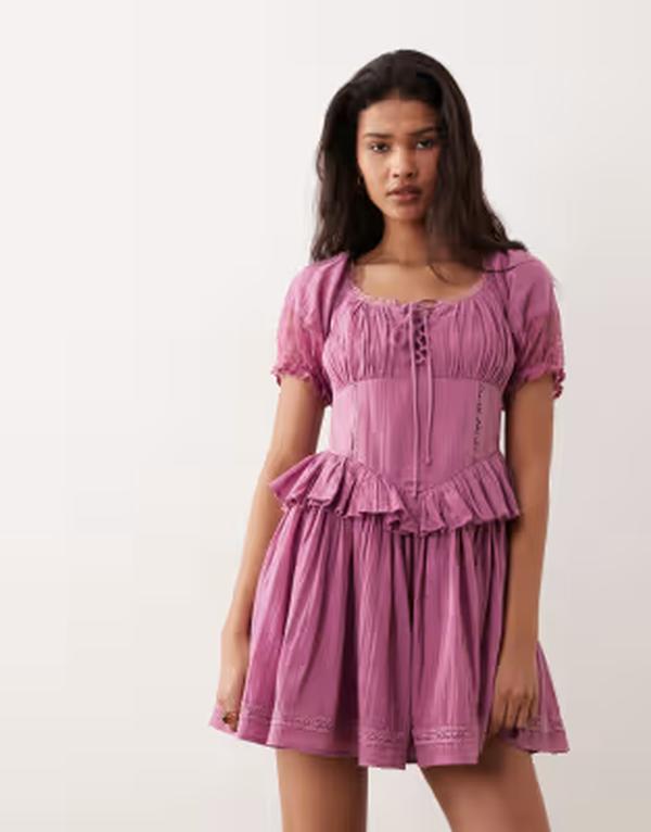 ミスセルフフリッジ レディース トップス 衣装 スピード競技 Misselfridge cheesecloth lace detail milkmaidress インチ raspberry Plum 酸桃
