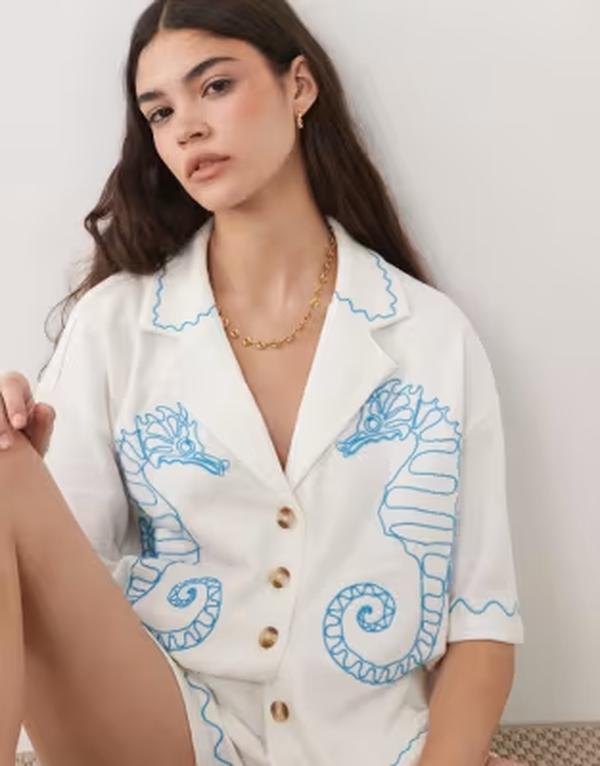エイソス レディース トップス シャツ ジャージー ASOS DESIGN textured jersey revere shirt with seahorsembroidery in cream - part of a set CREAM クリーム｜ReVida 店 10,991円