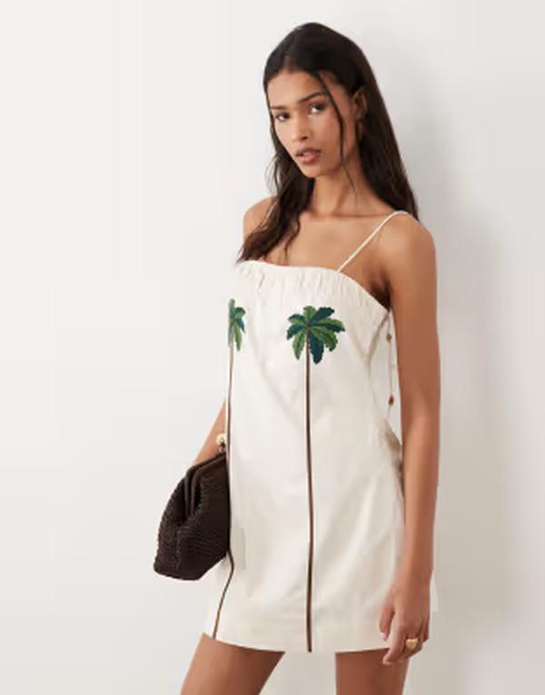 エイソス レディース トップス 衣装 ミニ ASOS DESIGN mini dress with palm treembroidery WHITE 白いこと