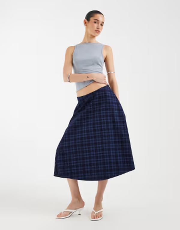 シーメンス電話を掛ける レディース 下つ方スコート Motel Takara midaxi skirt インチ midnight plaid NAVY 米国海軍