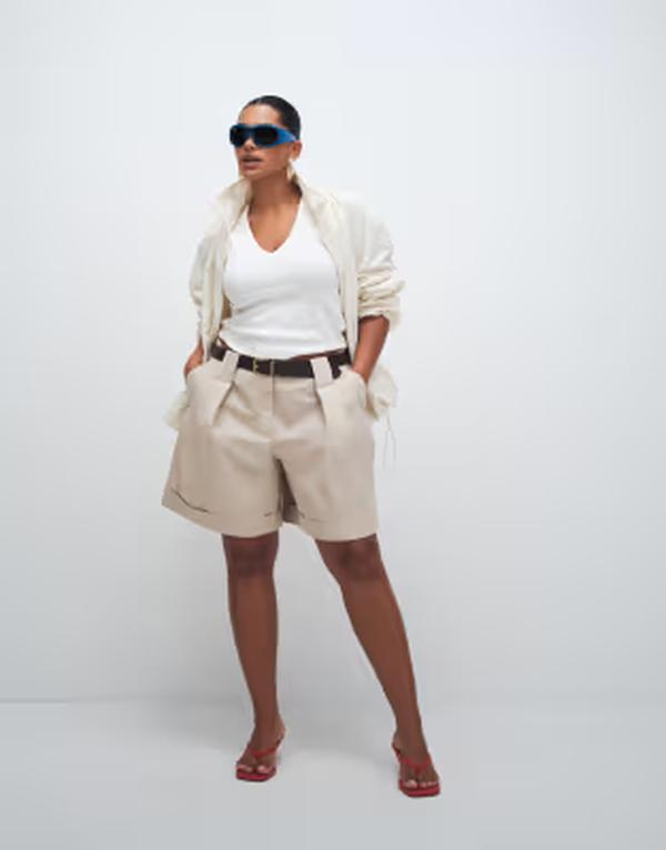 エイソス レディース ボトムス 二分の一ズボン下・さる股引き 遊撃手ズボン下 ASOS DESIGN Curve Tailored belted turn up shorts インチ stone 石ころ