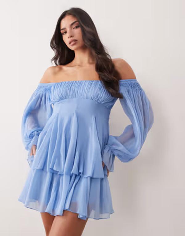 エイソス レディース トップス 衣装 ミニ ASOS DESIGN double layer off the shoulder godet mini dress BLUE 青み
