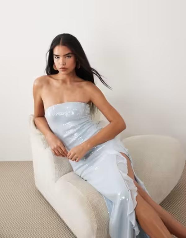 タイガーミスト レディース トップス ワンピース フリル スパンコール マキシ Tiger Mistheo sequin bandeau ruffle detail thigh slit maxi dress in ice blue ブルー｜ReVida 店