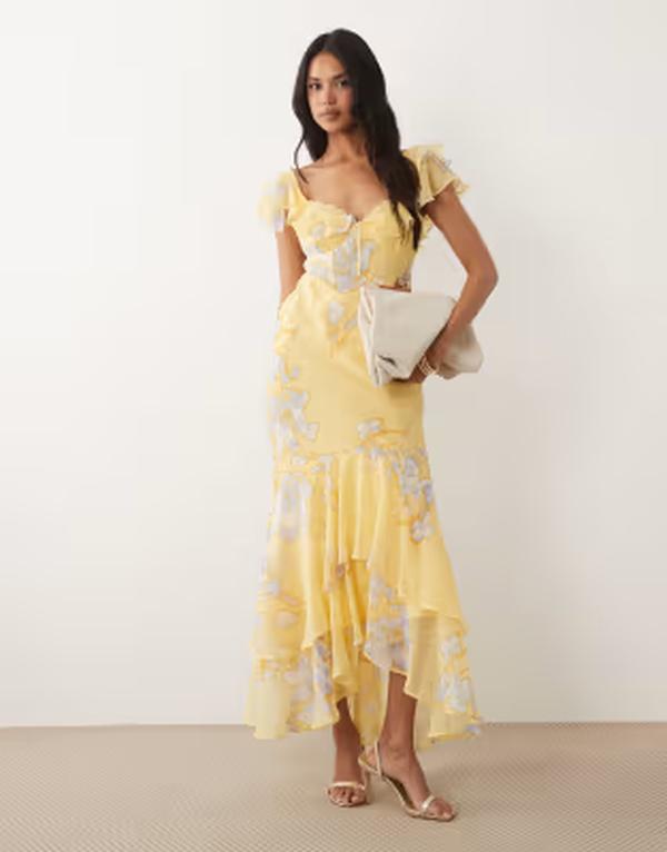 エイソス レディース トップス 衣装 御花柄 刷り上げる マキシ 御花 ASOS DESIGN frill sleeve maxi dress with fishtail hem インチ yellow floral print Yellow floral 黄色