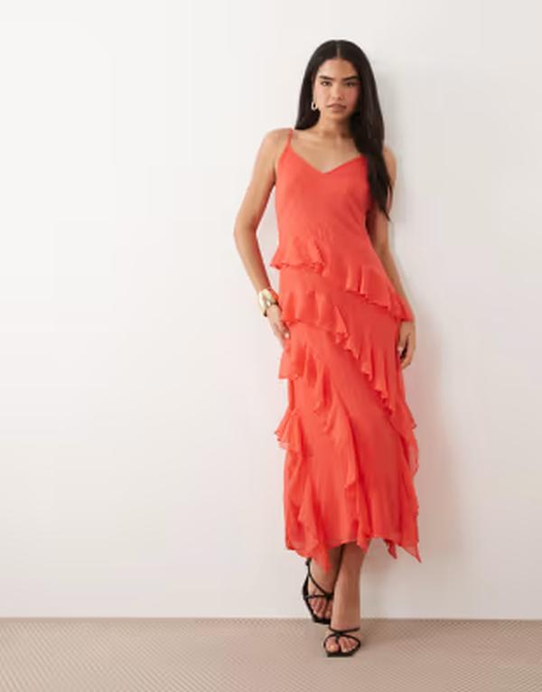ヴェロモーダ レディース トップス ワンピース シフォン フリル ミディ Vero Moda Smilla Chiffon cami ruffle detail midi dress Poinsettia レッド｜ReVida 店