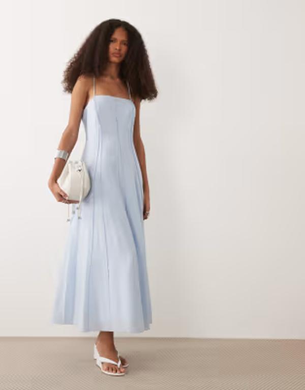 マンゴ レディース トップス 衣装 マキシ Mango seam detail square neck maxi dress インチ pastel BLUE 青み