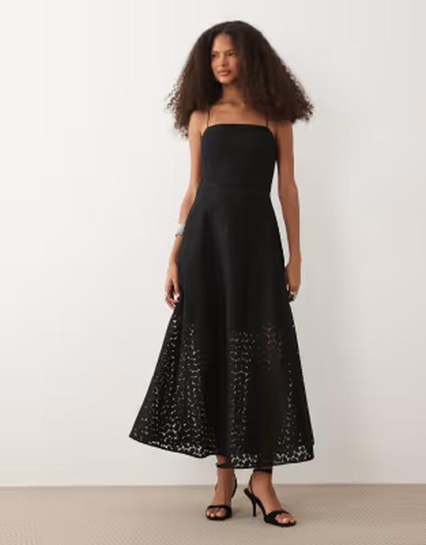 マンゴ レディース トップス 衣装 刺しゅう マキシ Mango embroidered cami maxi dress Black 黒いこと