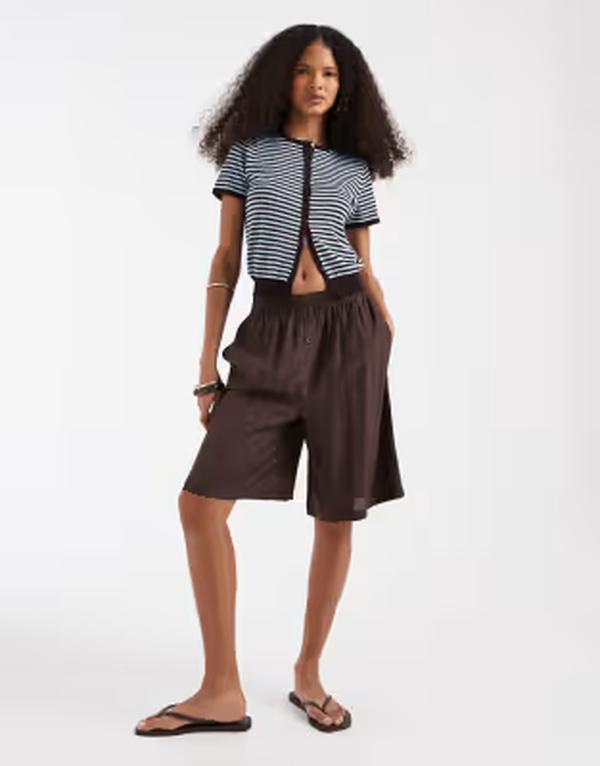 エイソス レディース ボトムス 二分の一ズボン下・さる股引き 遊撃手ズボン下 シアー ASOS DESIGN sheer boxer waistband bermuda shorts インチ chocolate 黒茶