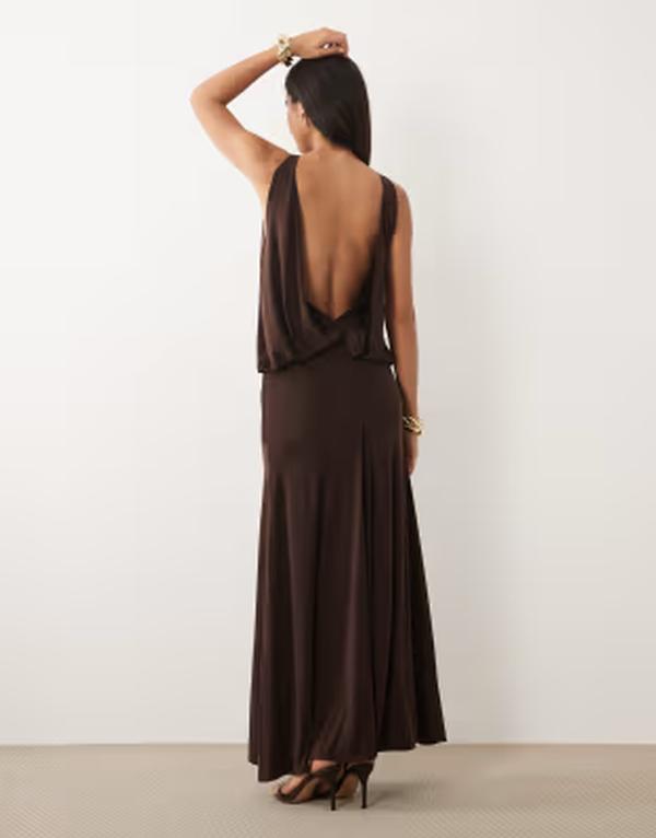 エイソス レディース トップス 衣装 開けっ広げうしろ側 マキシ ASOS DESIGN slinky maxi dress with dropped waist and open back インチ chocolate 黒茶