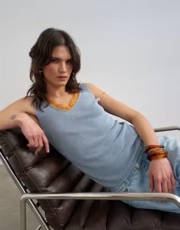 とっ始め販売店 レディース トップス より良い 対照 スピード競技 編み物 Topshop knitank top with orange contrast lace BLUE 青碧
