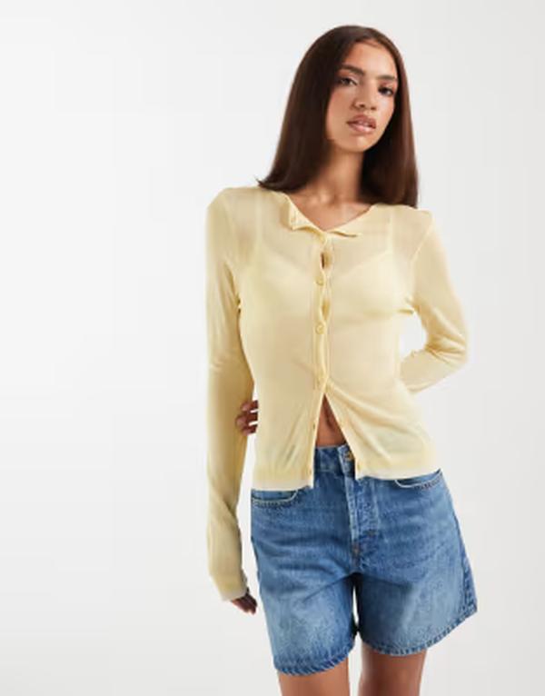 エイソス レディース アウター カーディガン シアー ニット ASOS DESIGN fine knit sheer cardigan in buttermilk｜ReVida 店
