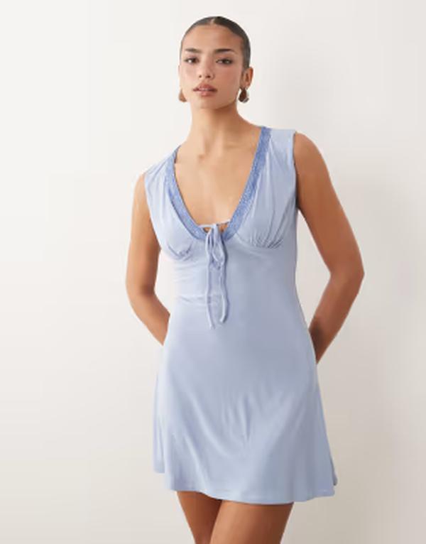 エイソス レディース トップス 衣装 V素っ首 スピード競技刈り込み ミニ スピード競技 ASOS DESIGN slinky v-neck lace trimini dress Blue 青み
