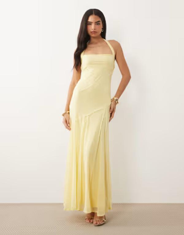 エイソス レディース トップス ワンピース シフォン マキシ ホルター ASOS DESIGN stretchiffon halter maxi dress with raw seam details in lemon｜ReVida 店