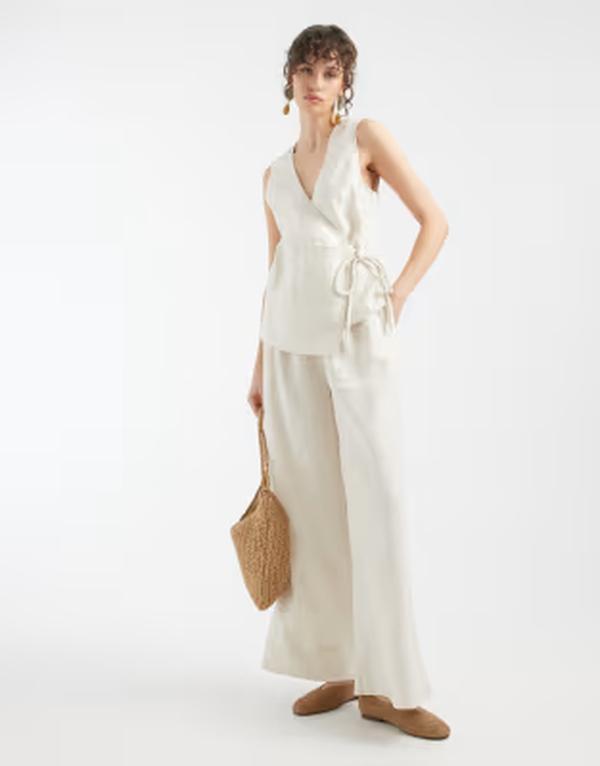 エイソス レディース トップス 飛び降りる背広 リネン ASOS DESIGN linen blend wrap jumpsuit インチ stone 石ころ
