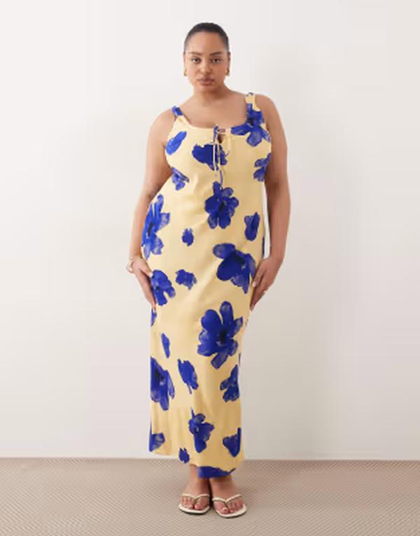 エイソス レディース トップス 衣装 御花柄 midi 御花 ASOS Curve ASOS DESIGN Curve scoop neck tie front MIDI dress インチ blown out blue floral Blown Out Floral 青み