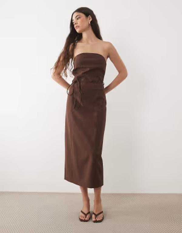 ノーバディーズ チャイルド レディース トップス ワンピース タイディテール ミディ Nobody's Child tailored bandeau tie detail midi dress in chocolate チョコレート｜ReVida 店