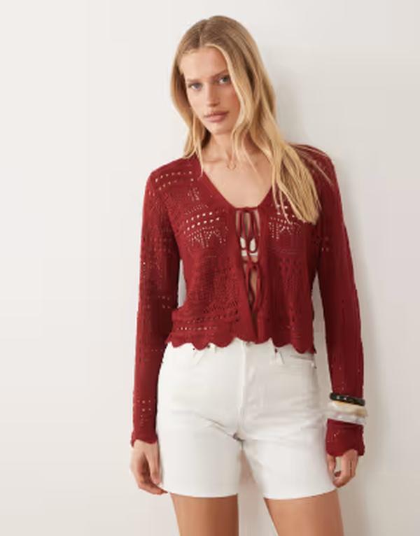 ジェイディーワイ レディース アウター カーディガン JDY tie front crochet cardigan Burgundy バーガンディ｜ReVida 店