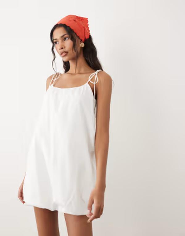 エイソス レディース トップス 衣装 ミニ ASOS DESIGN poplin puff mini sundress with tie straps White 白いこと