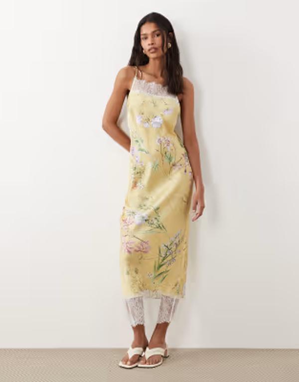 エイソス レディース トップス 衣装 ハイネック 御花柄 刷り上げる midi 繻子 スピード競技 御花 ASOS DESIGN satin high neck camidi dress with lace trims インチ yellow floral print Yellow floral 黄色