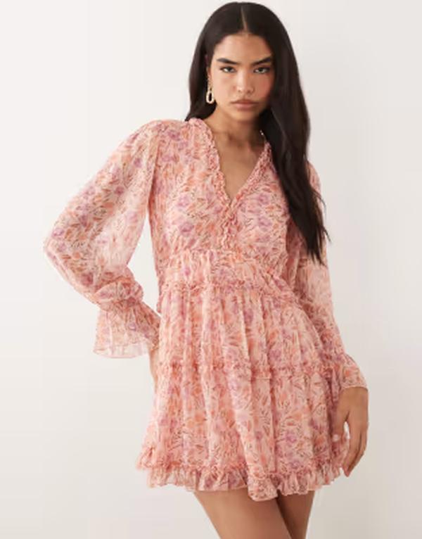 ヴィラ レディース トップス ワンピース ティアード プリント ミニ Vila tiered frill trimini dress in pale pink rose print Sea Pink ROSE ピンク|ReVida 店