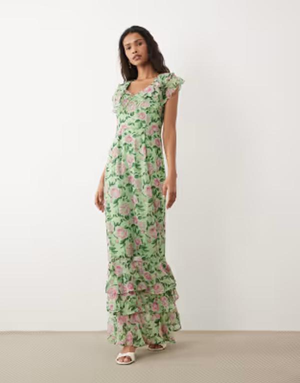 離宮 レディース トップス 衣装 刷り上げる マキシ Vila flutter sleeve maxi dress インチ sage green rose print Smoke green 煙霧