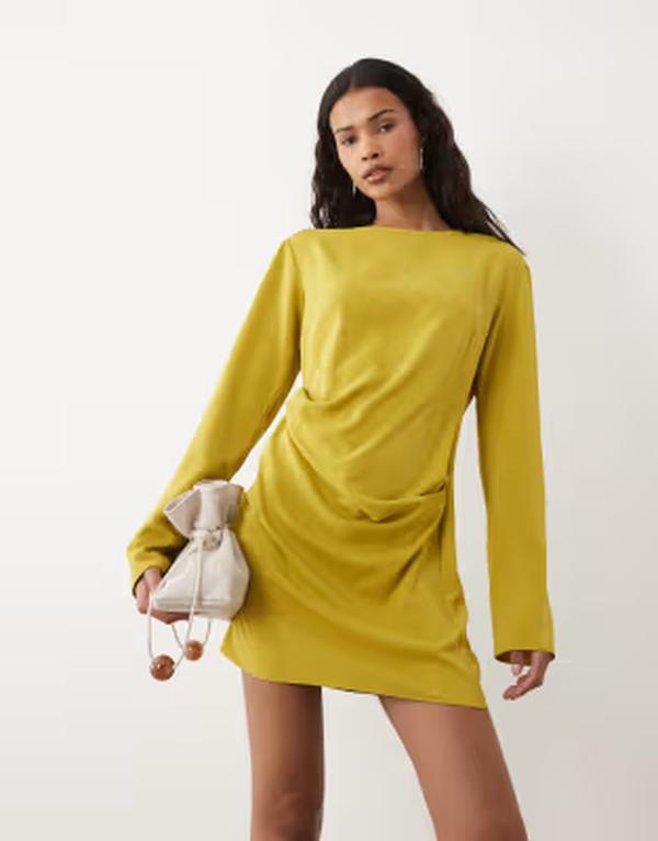 エイソス レディース トップス 衣装 ギャザー ミニ ASOS DESIGN fluid long sleeve mini dress with ruched sidetail Gold ゴールド