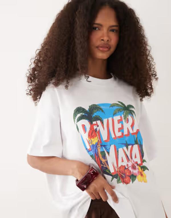 エイソス レディース トップス プルオーバー グラフィック ASOS DESIGN short sleeve oversized T-shirt with Riviera Maya graphic PRINT 白いこと