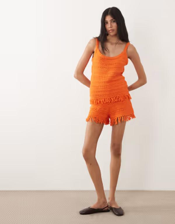 エイソス レディース ボトムス 二分の一ズボン下・さる股引き 遊撃手ズボン下 編み物 フリンジ ASOS DESIGN crochet knit shorts with fringe インチ orange - part of a set Orange オレンジ色