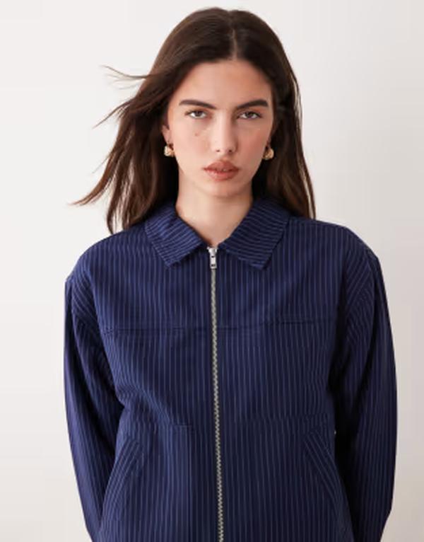 エイソス レディース アウター 厚地の外套 上衣 ASOS DESIGN top collar zip up jacket stripes Navy stripe 米国海軍