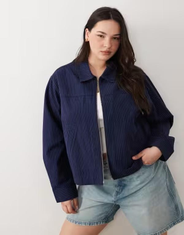 エイソス レディース アウター 厚地の外套 上衣 ASOS Curve ASOS DESIGN Curve top collar zip up jacket stripe Navy stripe 米国海軍