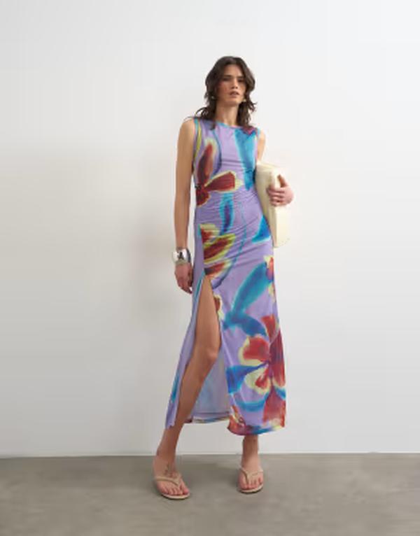 トップショップ レディース トップス ワンピース フラワー柄 プリント ギャザー メッシュ フラワー Topshop mesh floral print ruched midaxi dress PURPLE パープル|ReVida 店