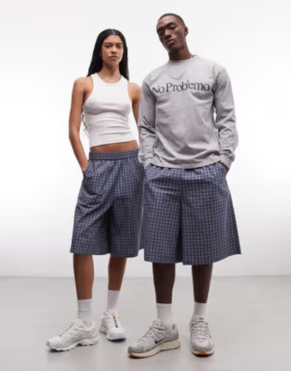 コルージョン レディース ボトムス 二分の一ズボン下・さる股引き 遊撃手ズボン下 COLLUSION Unisex longline shorts check Blue check 青み