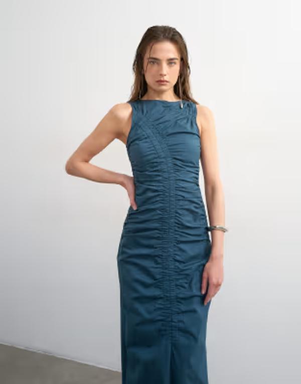 トップショップ レディース トップス ワンピース ギャザー ミディ ノースリーブ Topshop ruched sleeveless midi dress Navy ネイビー|ReVida 店